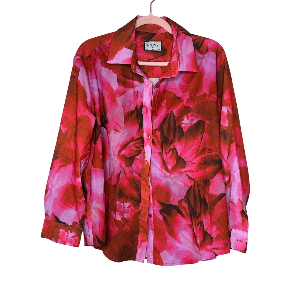 RNWY Pink Floral 2 Piece Set Oversized Button Down Shirt and Shorts Womens M L